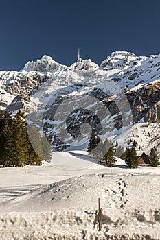 Mount Saentis in winter, Schwaegalp, Canton of Appenzell Outer-Rhodes, Switzerland