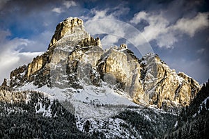 The Mount Sassongher in winter during Sunset