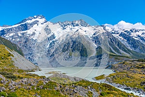 Mount Sefton viewed behind Mueller lake in New Zealand