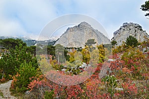 Mount Shaan-kaya, the city of Alupka, Crimea. A very beautiful autumn landscape: forest, mountains, clouds. For cards, calendars,