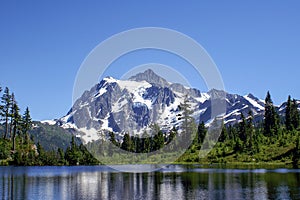 Mount Shuksan with Clear Blue Sky and Picture Lake