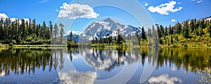 Mount Shuksan with reflections in Picture lake in Mount Baker recreation area in Washington Pacific