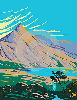 Mount Snowdon with Lake Glaslyn in Snowdonia National Park in Northwestern Wales UK Art Deco WPA Poster Art