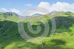 Mount Snowdon and surrounding mountain range in Snowdonia National Park, North West Wales, UK