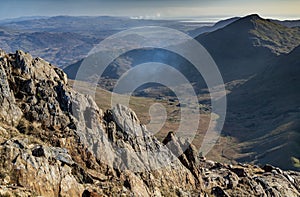 Mount Snowdon,view down the valley and Welsh coast,close to the summit,Snowdonia,Wales,UK