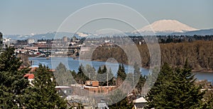 Mount St Helen`s Looms Large Willamette River Portland Oregon