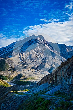 Mount St. Helens volcano and the blast zone landscape