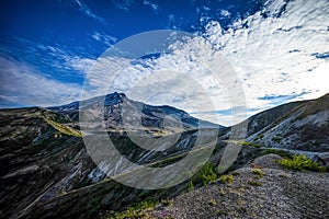 Mount St. Helens volcano and the blast zone landscape