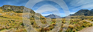 Mount Sunday and surrounding mountain ranges, used in filming Lord of the Rings movie Edoras scene, in New Zealand