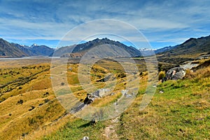 Mount Sunday and surrounding mountain ranges, used in filming Lord of the Rings movie Edoras scene, in New Zealand