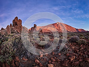 Mount Teide on Tenerife. Beautiful landscape in the national park on Tenerife with the famous rock, Cinchado, Los Roques de Garcia