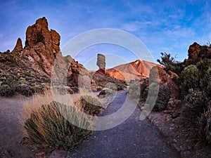 Mount Teide on Tenerife. Beautiful landscape in the national park on Tenerife with the famous rock, Cinchado, Los Roques de Garcia