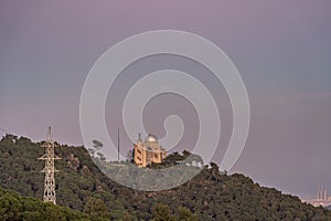 Mount Tibidabo top view of Barcelona city after sunset