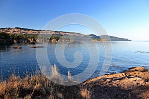 Mount Warburton on Saturna Island from Gowland Point on South Pender Island in Evening Light, Gulf Islands, BC, Canada