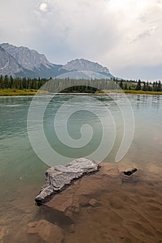 Mount Yamnuska and the Bow River in Bow Valley Provincial Park in the Canadian Rocky Mountains