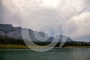 Mount Yamnuska and the Bow River in Bow Valley Provincial Park in the Canadian Rocky Mountains