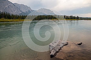 Mount Yamnuska and the Bow River in Bow Valley Provincial Park in the Canadian Rocky Mountains