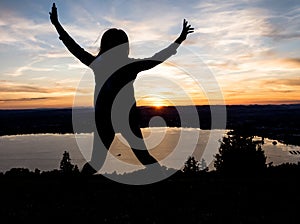 Mount Zugerberg stunning beautiful sunset silhouette happy person jumping lake zug