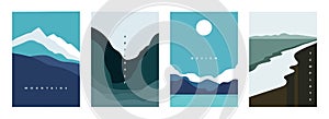 Mountain abstract poster. Geometric landscape banners with hills, rivers and lakes, minimalist nature scenes. Vector