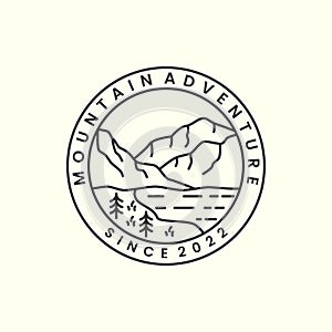 mountain adventure with badge and line art style logo icon template design.river, tree, vector illustration
