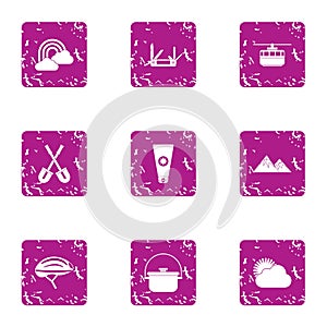 Mountain adventure icons set, grunge style