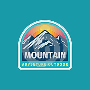 Mountain adventure outdoor badge design. Extreme traveling expedition logo in flat vintage style. Hiking climbing sport training.