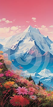 Mountain Adventure: A Stunning Painting Of Majestic Peaks And Vibrant Flowers