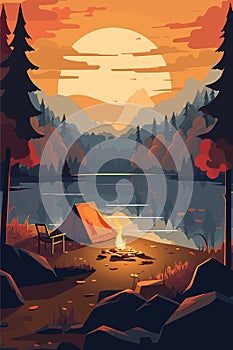 Mountain adventure and travel, flat colors vertical poster.