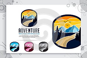 Mountain Adventure vector logo with badge concept design. Template Illustration mountain as a symbol of explorer wild nature