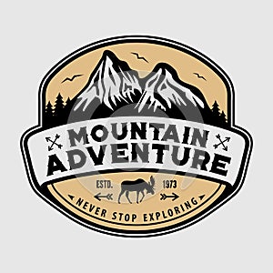 Mountain Adventure vintage label, badge, logo or emblem. Vector illustration