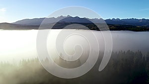 Mountain aerial, epic view. Aerial view of mountain landscape and morning fog.