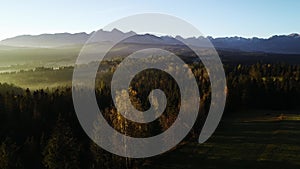 Mountain aerial, epic view. Aerial view of mountain landscape with morning fog.