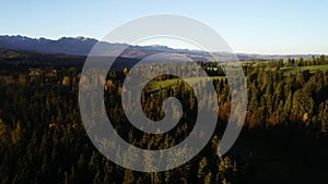 Mountain aerial, epic view. Aerial view of mountain landscape with morning fog.