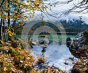 Mountain alpine autumn lake Hintersee, Berchtesgaden national park, Deutschland, Alps, Bavaria, Germany