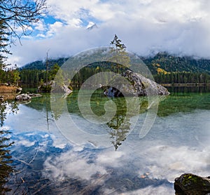 Mountain alpine autumn lake Hintersee, Berchtesgaden national park, Deutschland, Alps, Bavaria, Germany