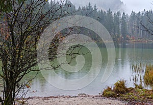 Mountain alpine autumn lake Hintersee, Berchtesgaden national park, Deutschland, Alps, Bavaria, Germany