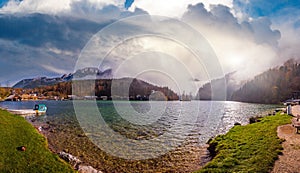 Mountain alpine autumn misty morning lake Konigssee, Schonau am Konigssee, Berchtesgaden national park, Bavaria, Germany