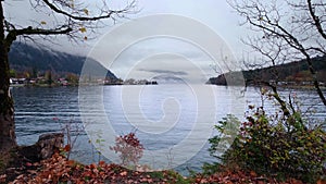 Mountain alpine autumn overcast evening lake Walchensee view, Kochel, Bavaria, Germany.