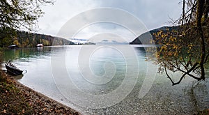 Mountain alpine autumn overcast evening lake Walchensee view, Kochel, Bavaria, Germany