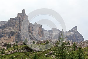 Mountain alps panorama with mountain Cima Sella in Brenta Dolomites with clouds, Italy photo