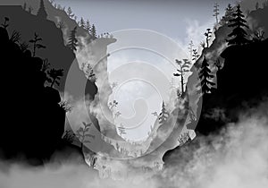 The mountain area inside the fog clouds. Cayon with grass and trees. Silhouette vector illustration