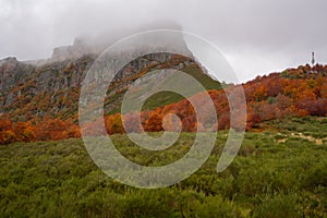 Mountain in autumn on a cloudy day in Picos de Europa national park in Puerto de Panderrueda viewpoint, Spain