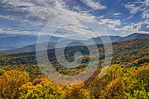 The mountain autumn landscape with colorful forest. Golden autumn in the forest. Caucasus mountains, Adygea, Russia