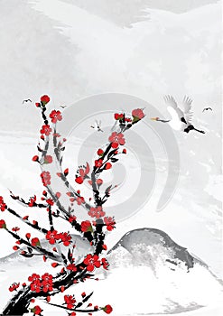 Mountain background with cherry flowers and crane birds.