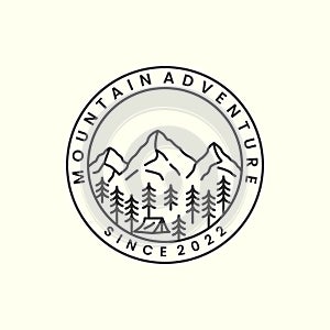 mountain with badge and line art style logo icon template design.adventure,tent,river, tree, vector illustration