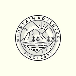 mountain with badge and linear style logo icon template design.adventure,cloud,sun,river, tree, vector illustration