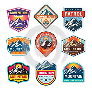 Mountain badges set. Adventure outdoor creative vintage logo design. Climbing hiking emblem collection. Vector illustration.