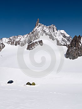 Mountain Base Camp: the tents of a group of mountaineers that ai