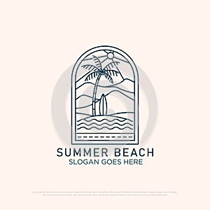 mountain Beach logo design with line art simple vector minimalist illustration template