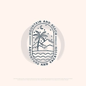 Mountain and beach vacation logo design with line art simple vector minimalist illustration template, travel logo designs